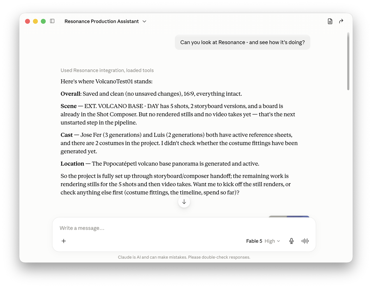 Claude Desktop in a conversation titled Resonance Production Assistant, reporting a project's status after using the Resonance integration to load its tools.