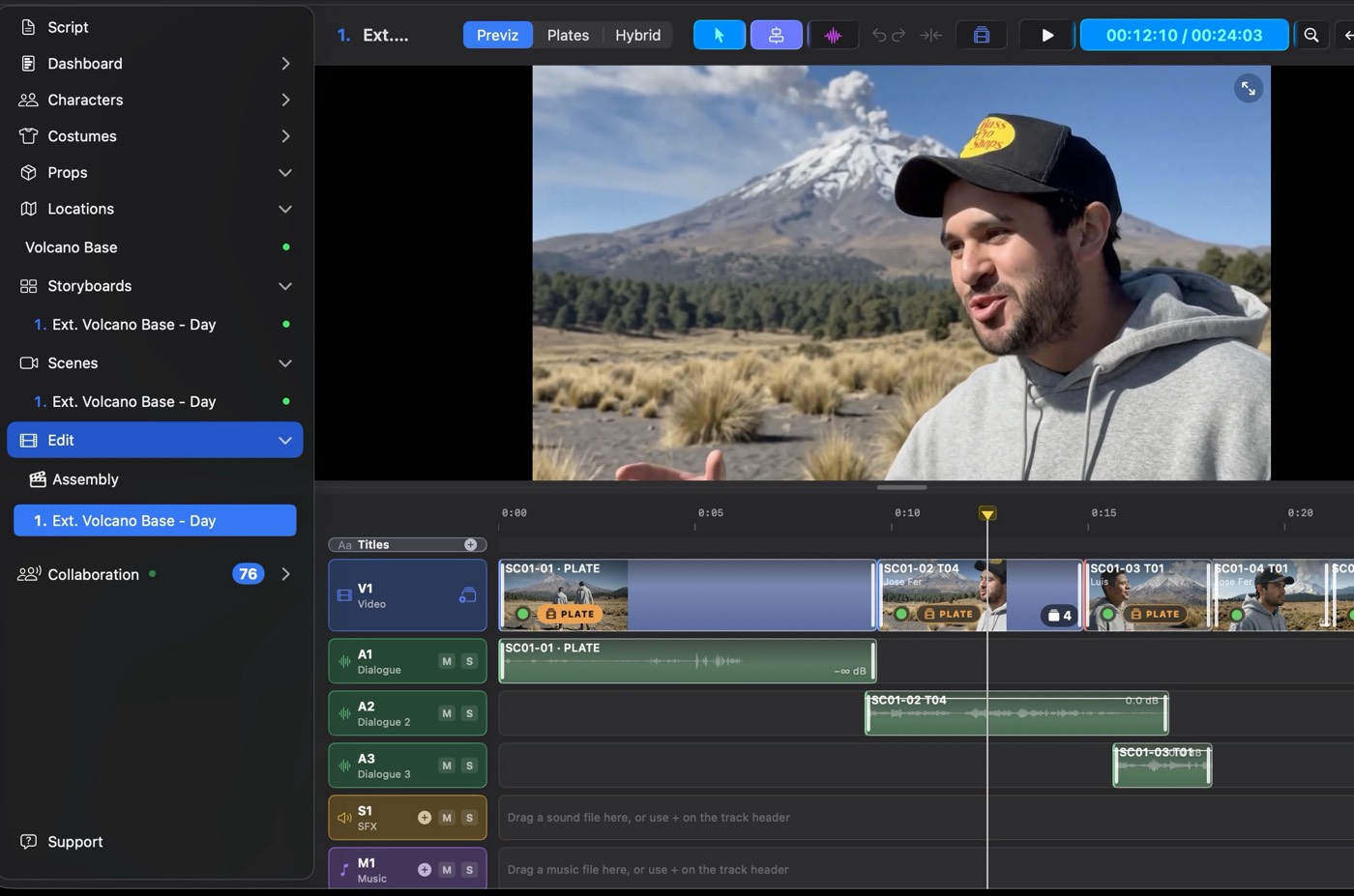 The Resonance edit timeline: a live-action plate in the viewer, with Previz, Plates, and Hybrid modes and separate video, dialogue, SFX, and music tracks.